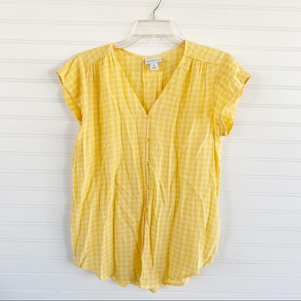Liz Claiborne Yellow Gingham‎ Button Front V-Neck Rayon Blouse Short Sleeve Med
